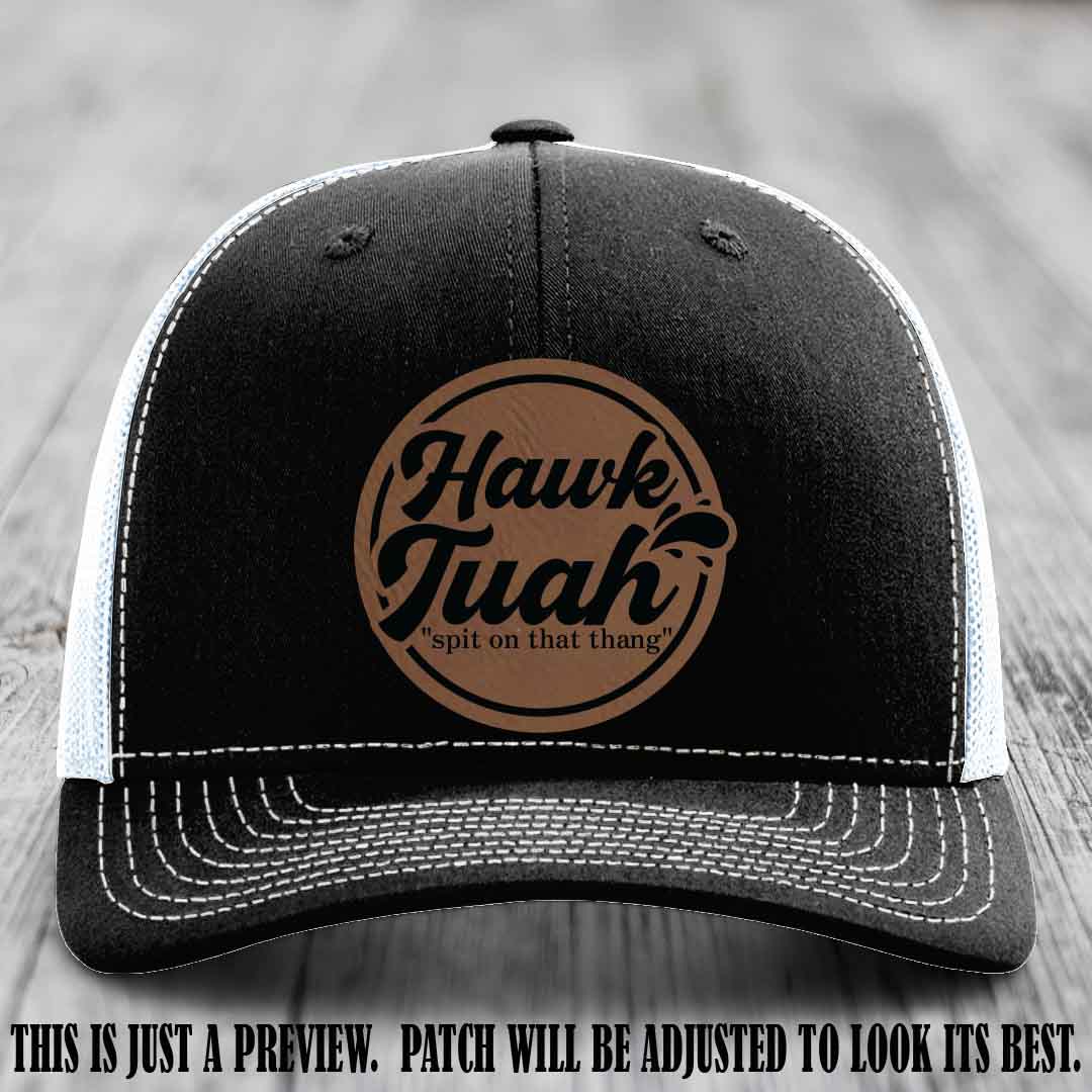 Hawk Tuah 'Dark Brown to Black' patch on Black to White Hat Richardson 112 hat