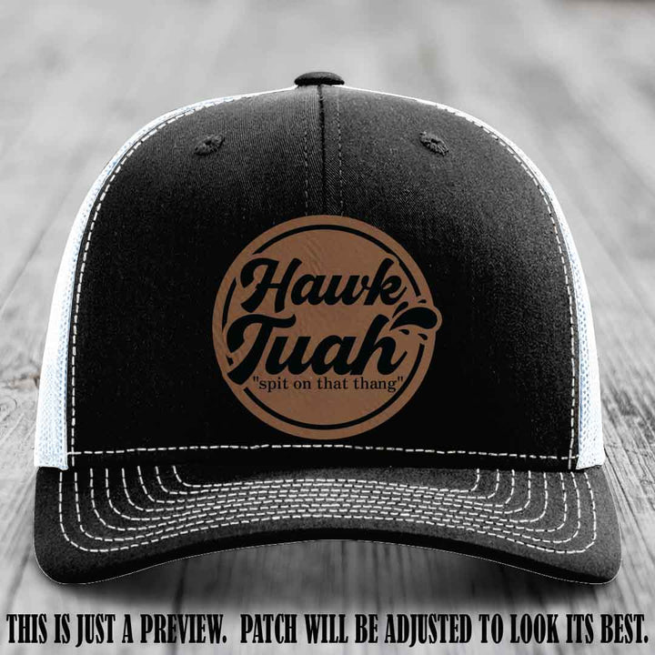 Hawk Tuah 'Dark Brown to Black' patch on Black to White Hat Richardson 112 hat