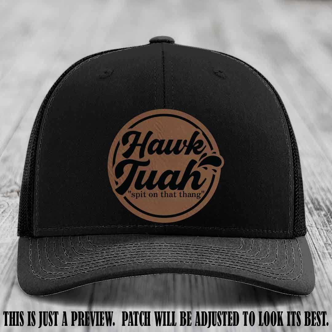 Hawk Tuah 'Dark Brown to Black' patch on Black Hat Richardson 112 hat