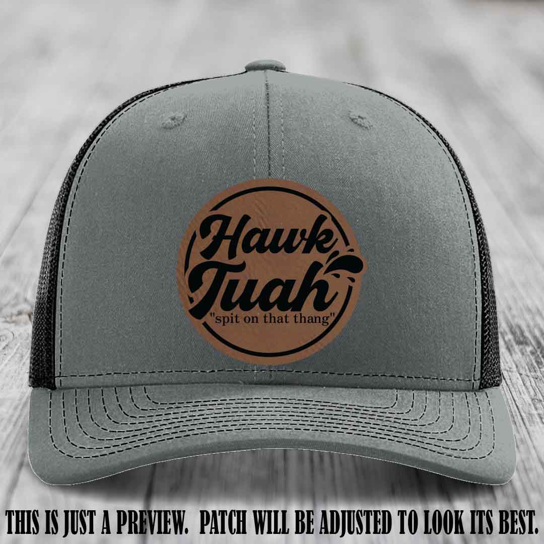 Hawk Tuah 'Dark Brown to Black' patch on Heather Grey to Black Hat Richardson 112 hat