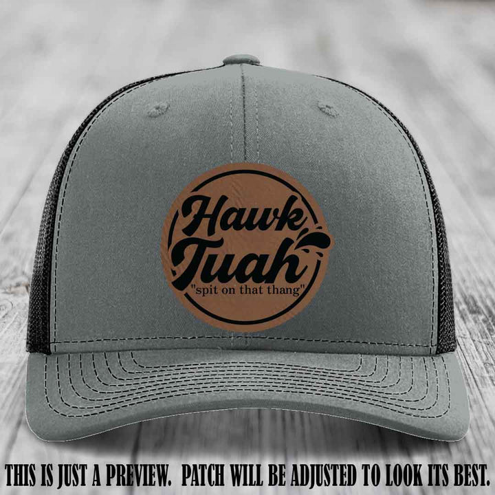 Hawk Tuah 'Dark Brown to Black' patch on Heather Grey to Black Hat Richardson 112 hat