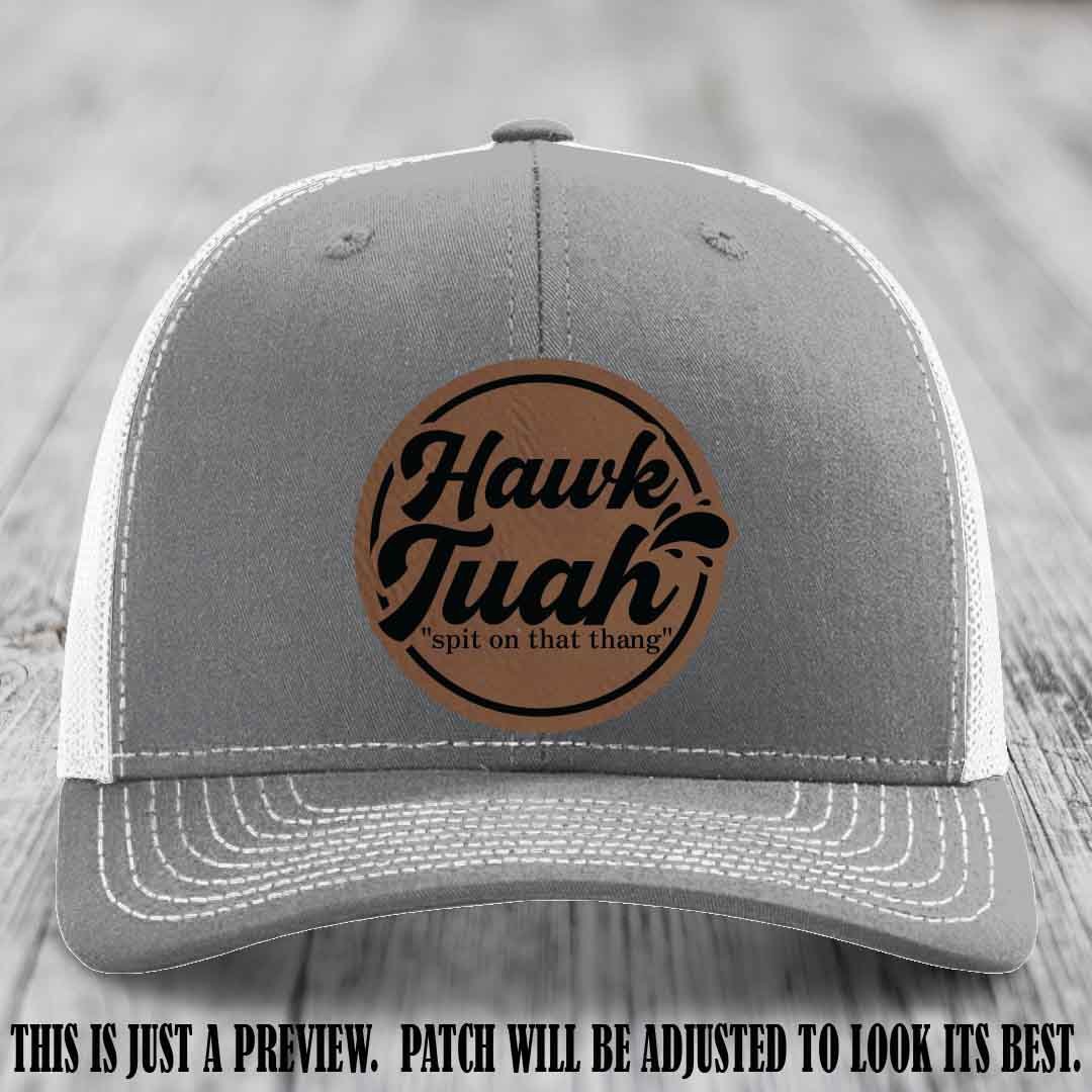 Hawk Tuah 'Dark Brown to Black' patch on Heather Grey to White Hat Richardson 112 hat