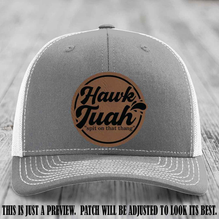 Hawk Tuah 'Dark Brown to Black' patch on Heather Grey to White Hat Richardson 112 hat