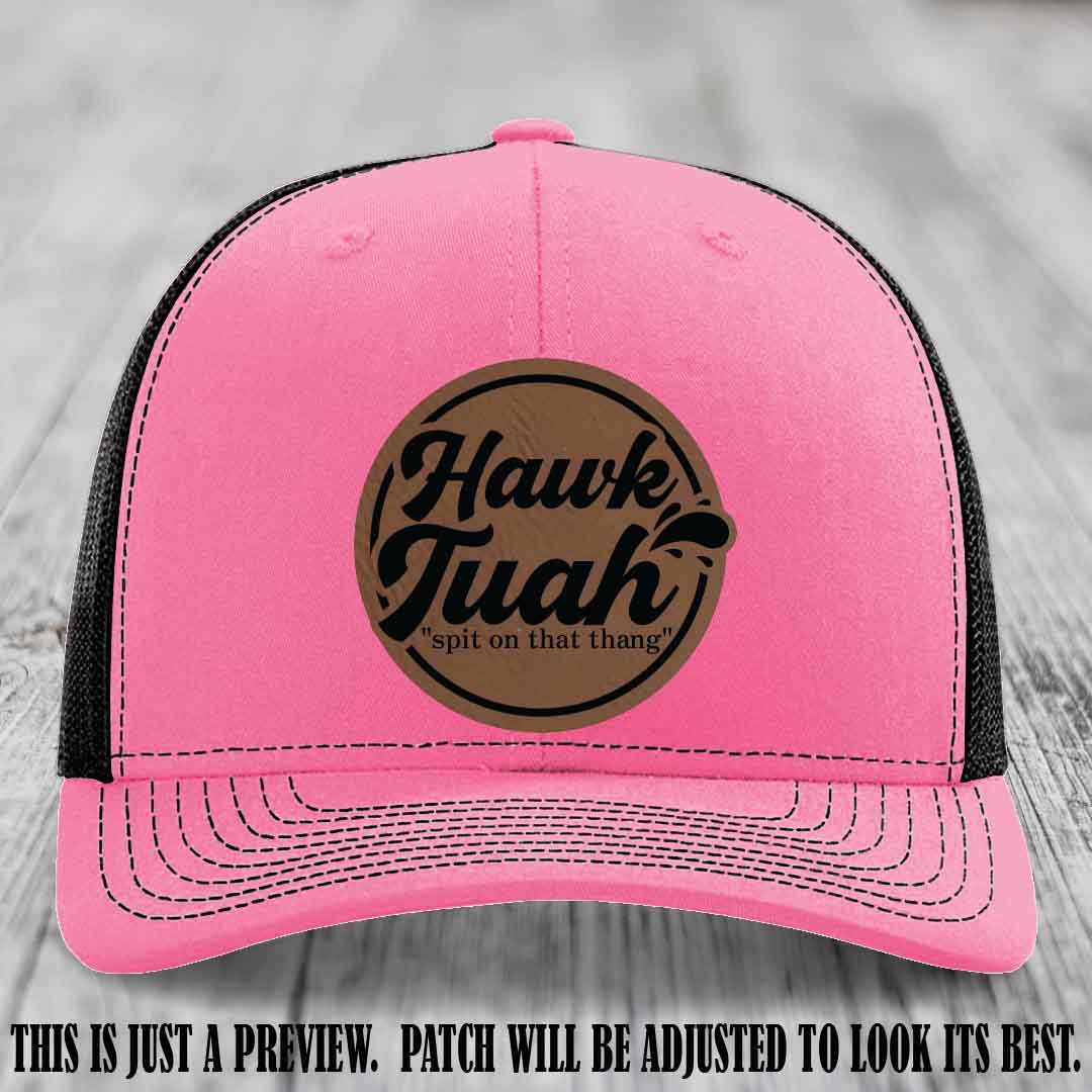 Hawk Tuah 'Dark Brown to Black' patch on Hot Pink to Black Hat Richardson 112 hat