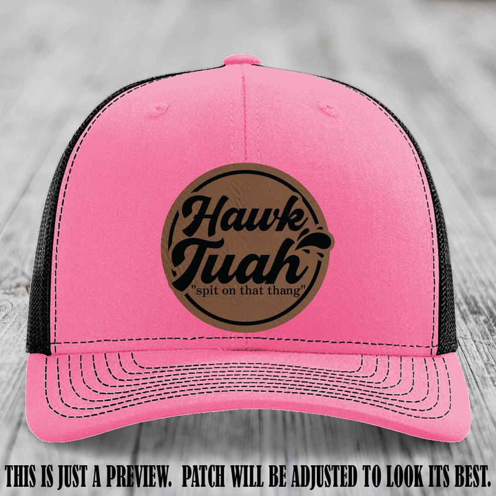 Hawk Tuah 'Dark Brown to Black' patch on Hot Pink to Black Hat Richardson 112 hat
