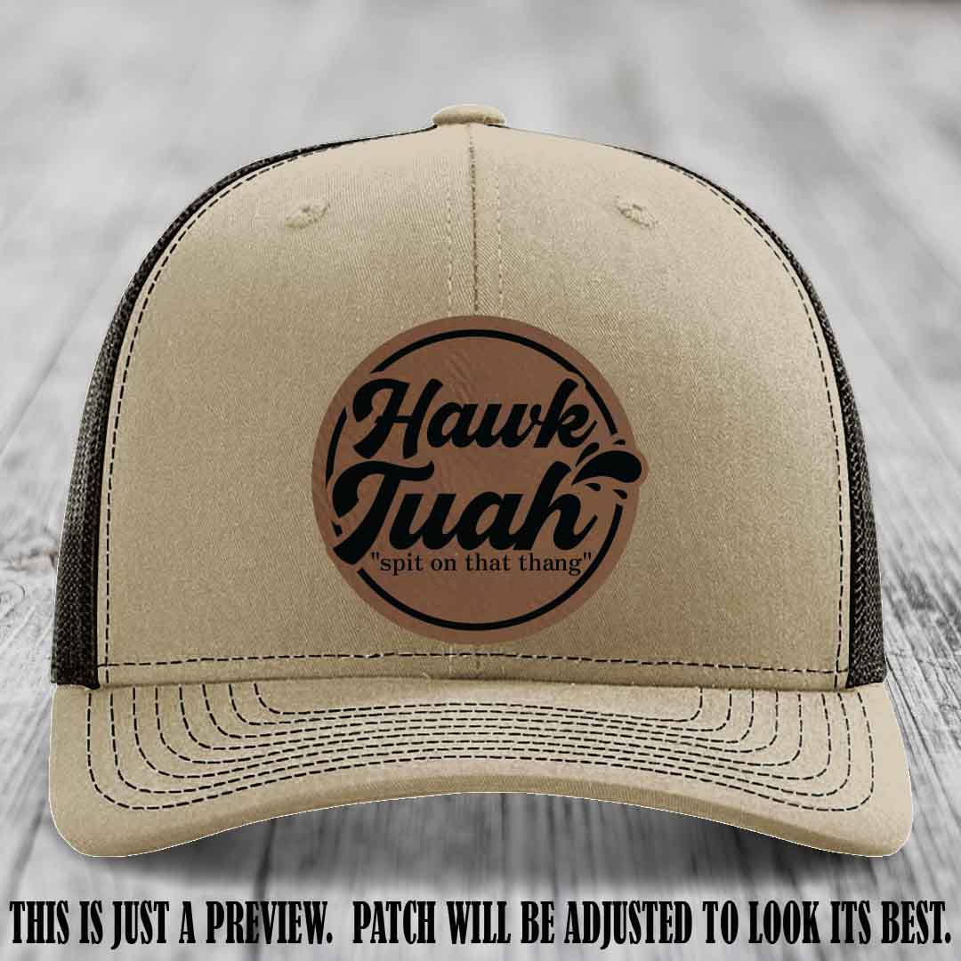Hawk Tuah 'Dark Brown to Black' patch on Khaki to Coffee Hat Richardson 112 hat