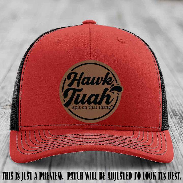 Hawk Tuah 'Dark Brown to Black' patch on Red to Black Hat Richardson 112 hat