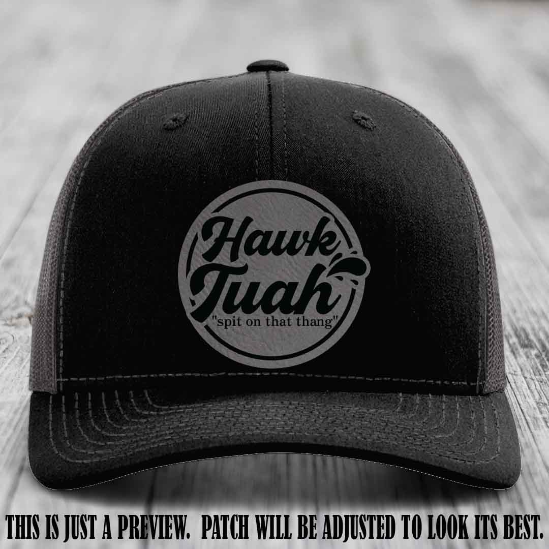 Hawk Tuah 'Grey to Black' patch on Black to Charcoal Hat Richardson 112 hat