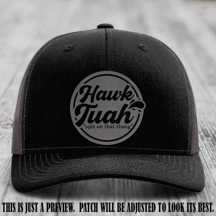 Hawk Tuah 'Grey to Black' patch on Black to Charcoal Hat Richardson 112 hat