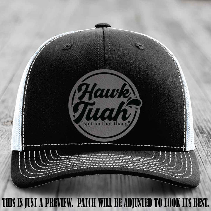 Hawk Tuah 'Grey to Black' patch on Black to White Hat Richardson 112 hat