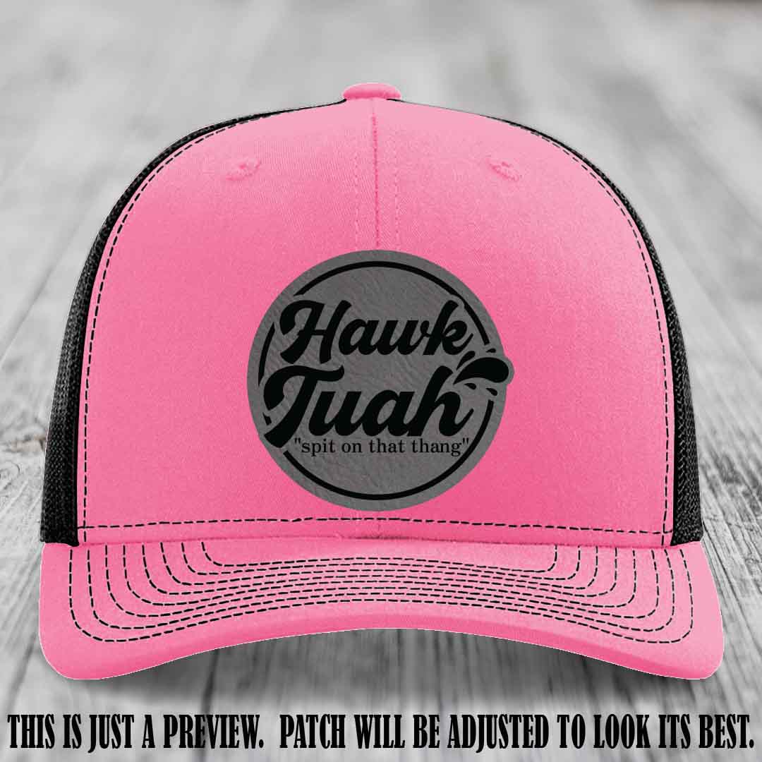 Hawk Tuah 'Grey to Black' patch on Hot Pink to Black Hat Richardson 112 hat