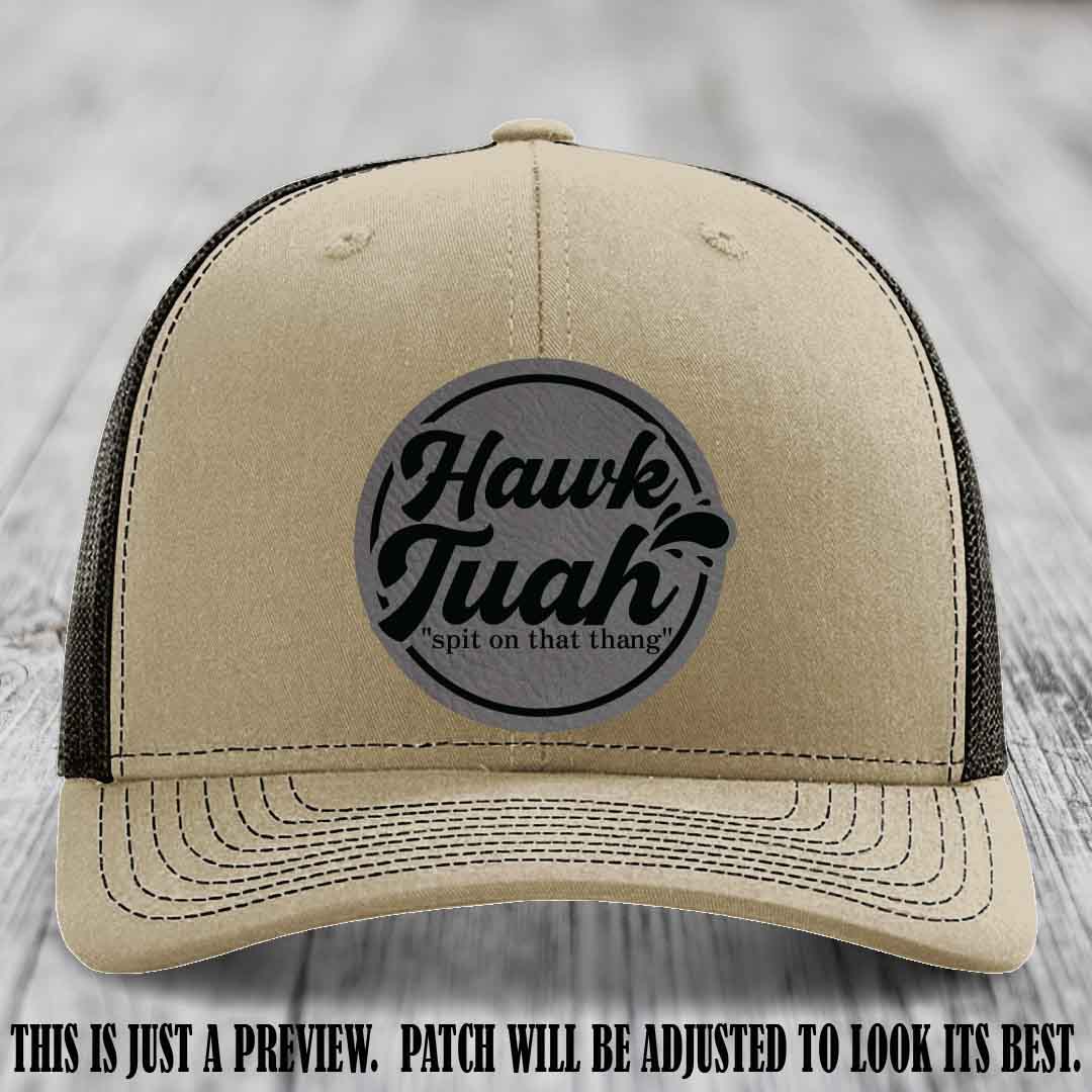 Hawk Tuah 'Grey to Black' patch on Khaki to Coffee Hat Richardson 112 hat