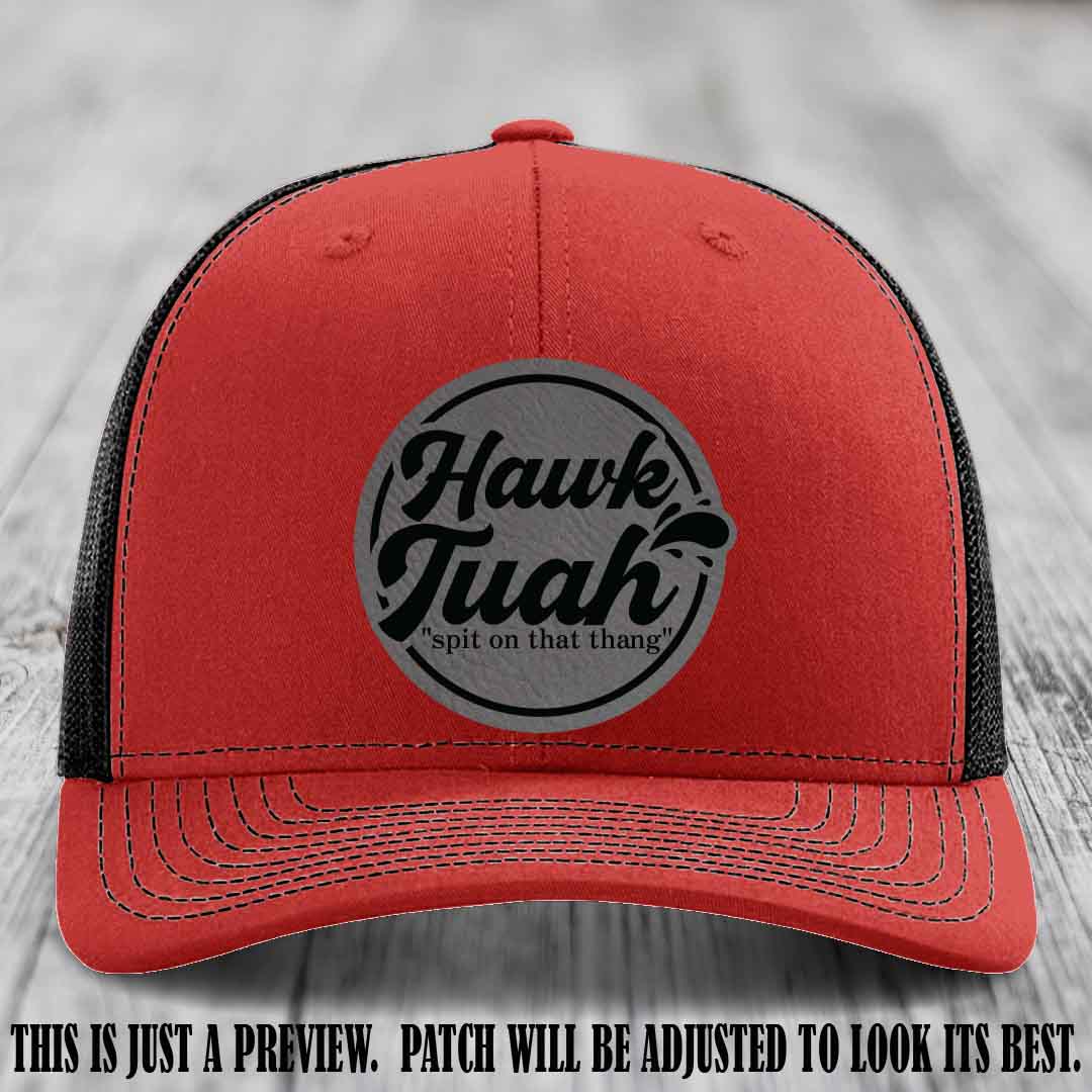 Hawk Tuah 'Grey to Black' patch on Red to Black Hat Richardson 112 hat