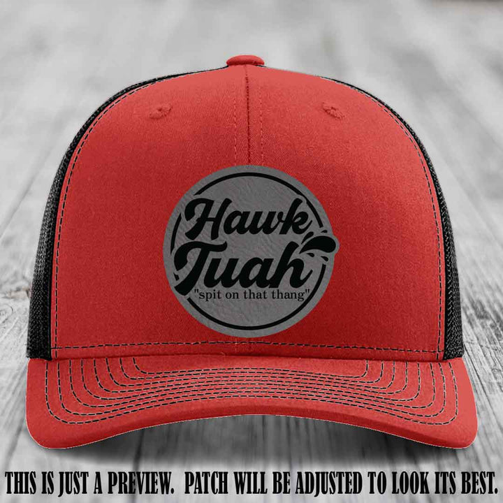 Hawk Tuah 'Grey to Black' patch on Red to Black Hat Richardson 112 hat
