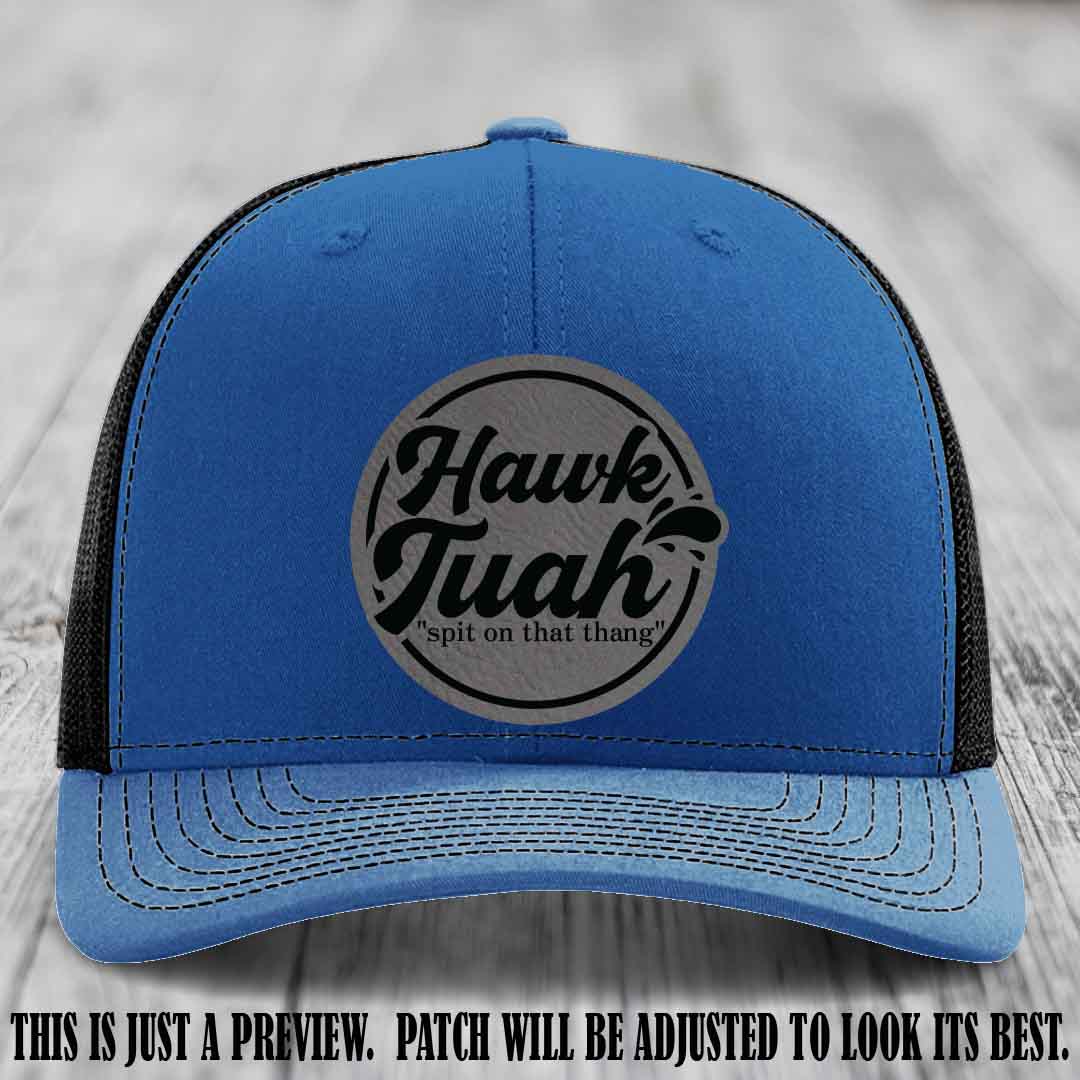 Hawk Tuah 'Grey to Black' patch on Royal to Black Hat Richardson 112 hat