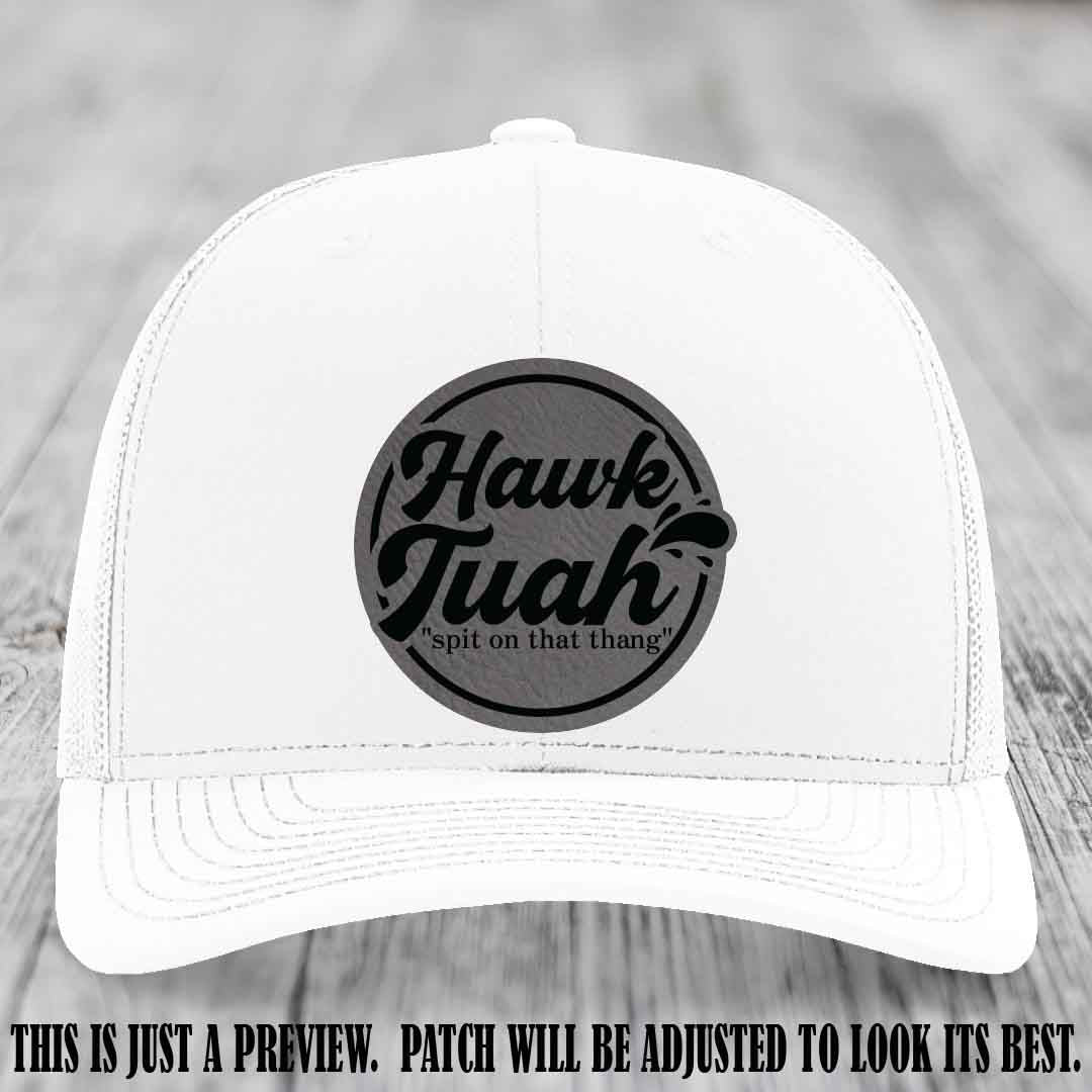 Hawk Tuah 'Grey to Black' patch on White Hat Richardson 112 hat