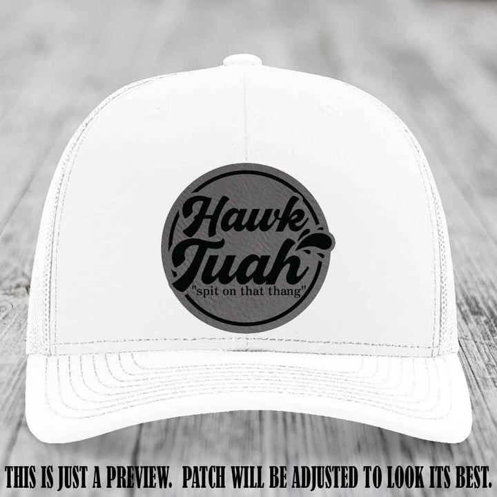 Hawk Tuah 'Grey to Black' patch on White Hat Richardson 112 hat