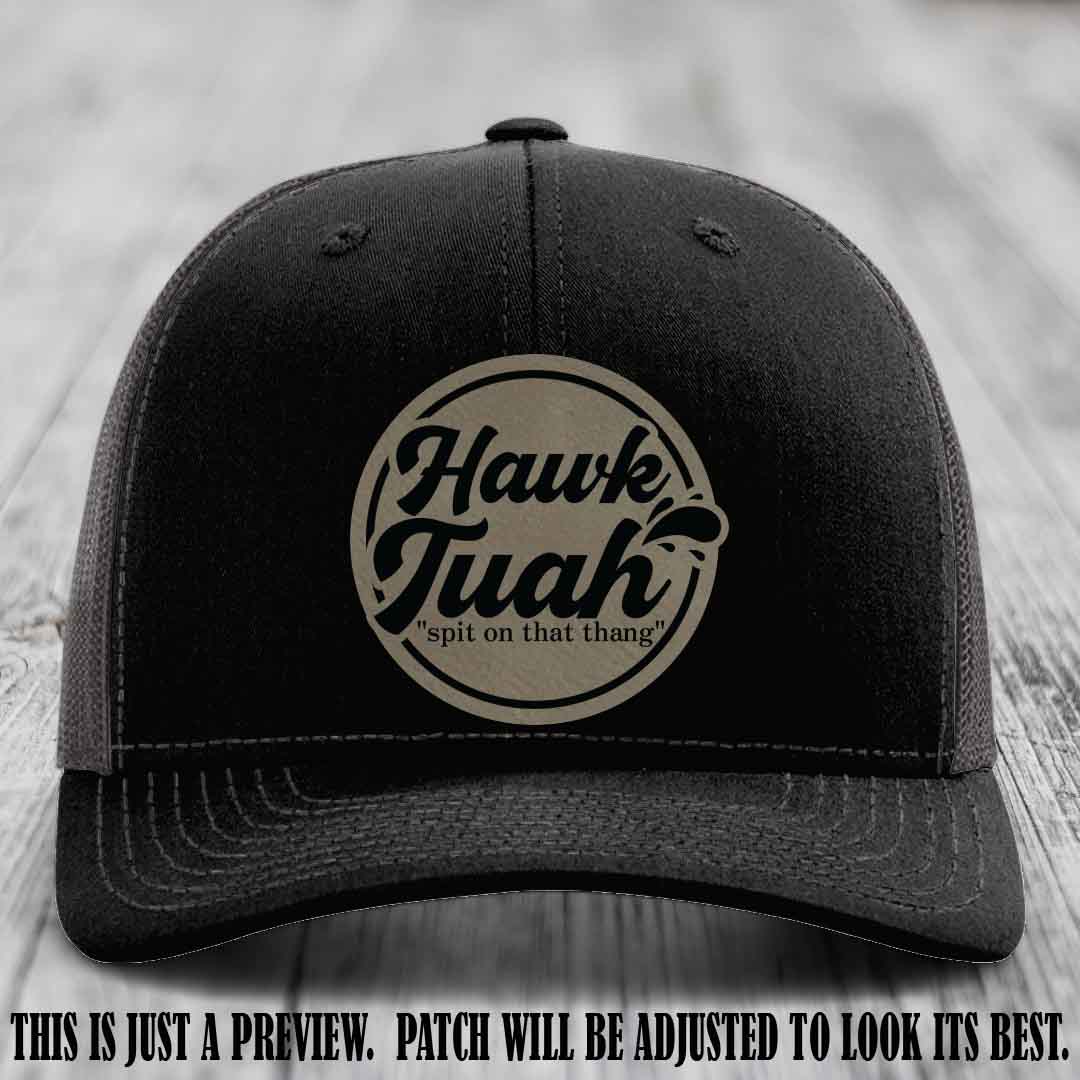 Hawk Tuah 'Light Brown to Black' patch on Black to Charcoal Hat Richardson 112 hat