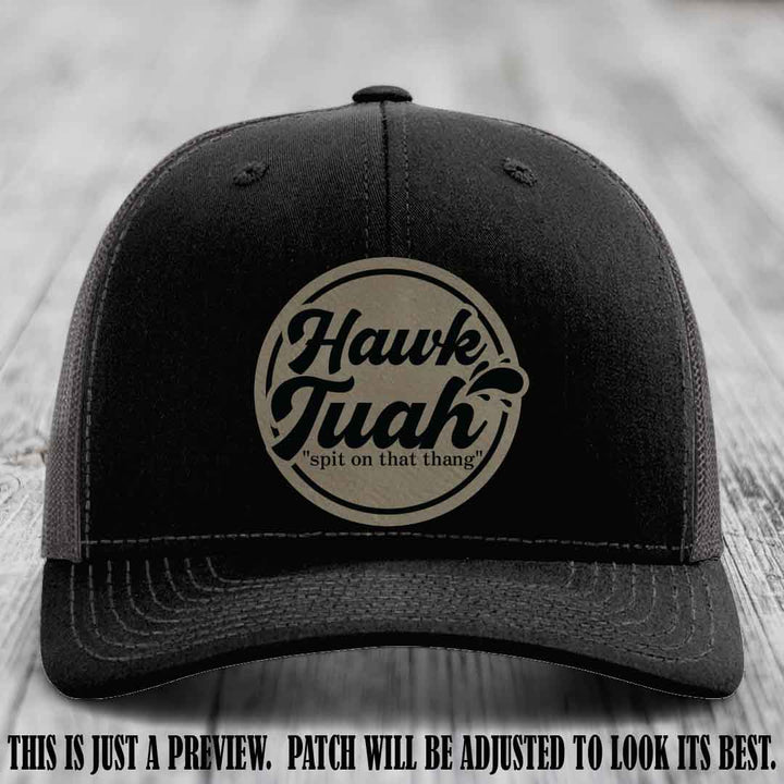 Hawk Tuah 'Light Brown to Black' patch on Black to Charcoal Hat Richardson 112 hat
