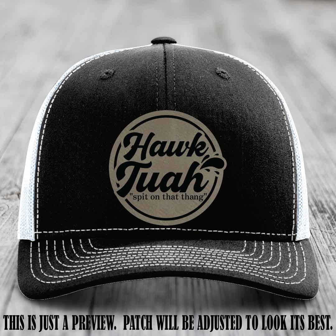 Hawk Tuah 'Light Brown to Black' patch on Black to White Hat Richardson 112 hat