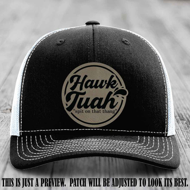 Hawk Tuah 'Light Brown to Black' patch on Black to White Hat Richardson 112 hat