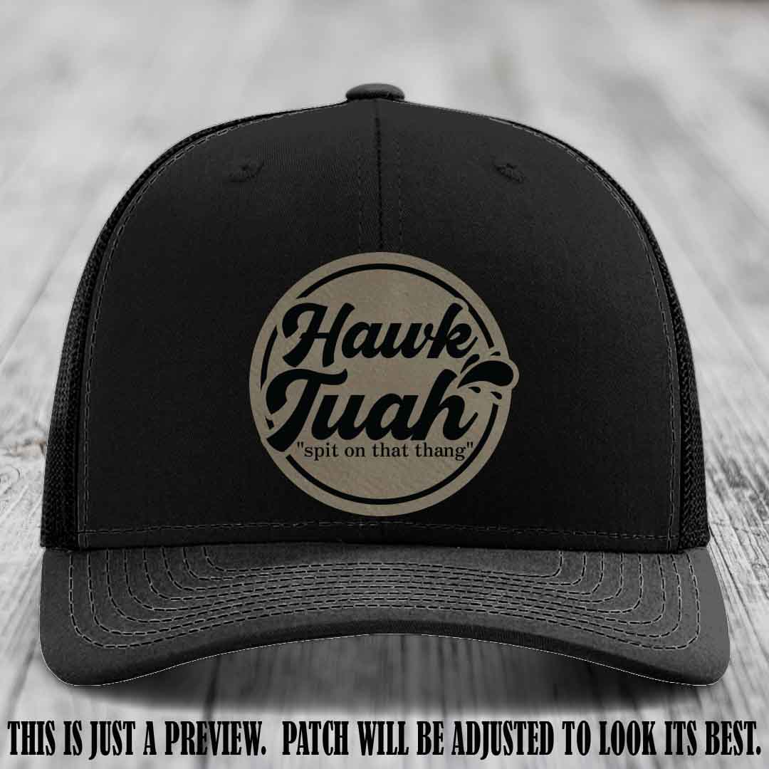 Hawk Tuah 'Light Brown to Black' patch on Black Hat Richardson 112 hat