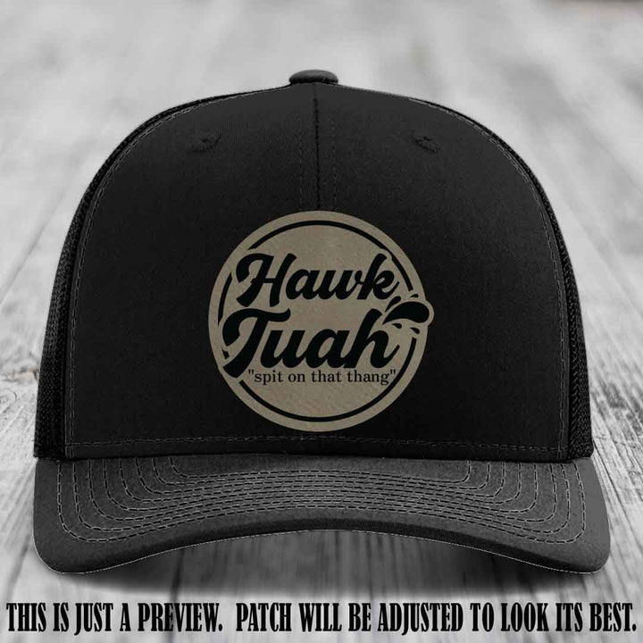 Hawk Tuah 'Light Brown to Black' patch on Black Hat Richardson 112 hat