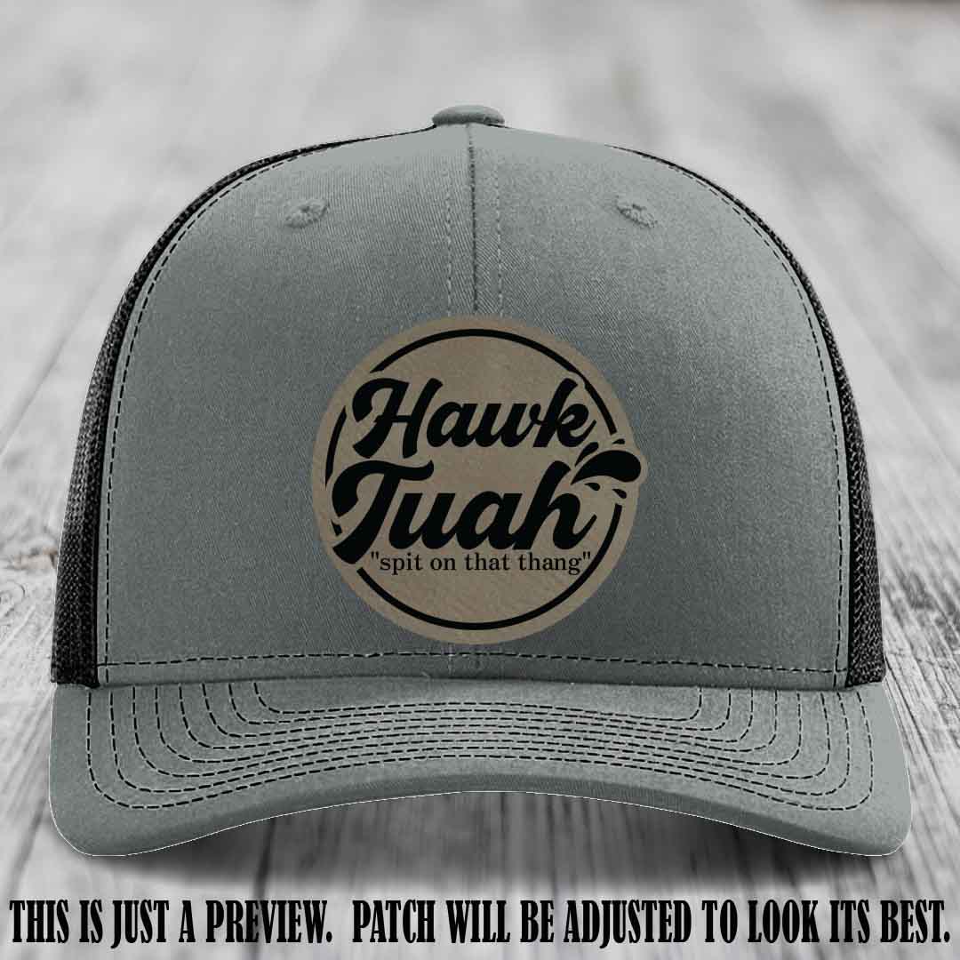 Hawk Tuah 'Light Brown to Black' patch on Heather Grey to Black Hat Richardson 112 hat