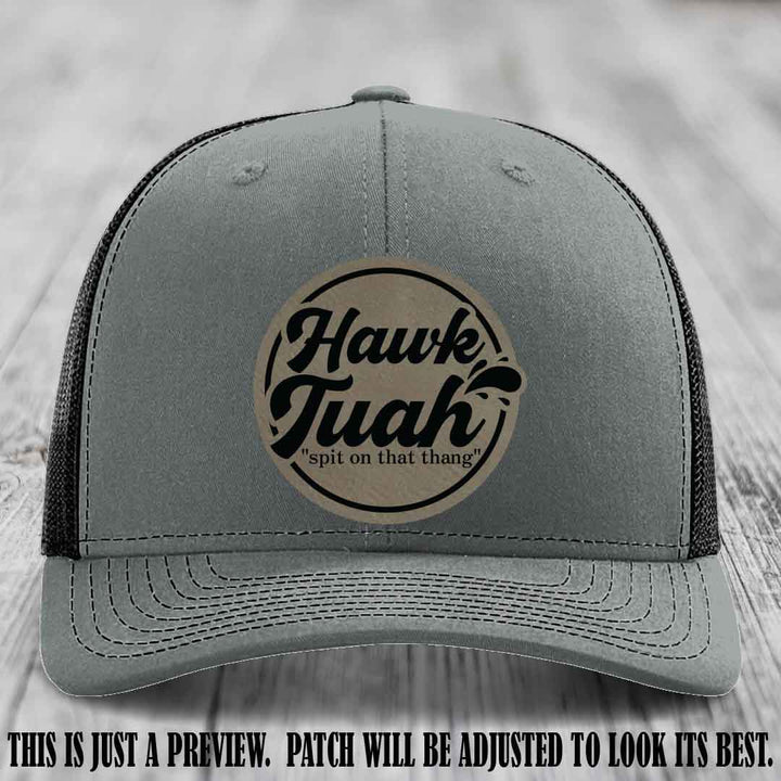 Hawk Tuah 'Light Brown to Black' patch on Heather Grey to Black Hat Richardson 112 hat