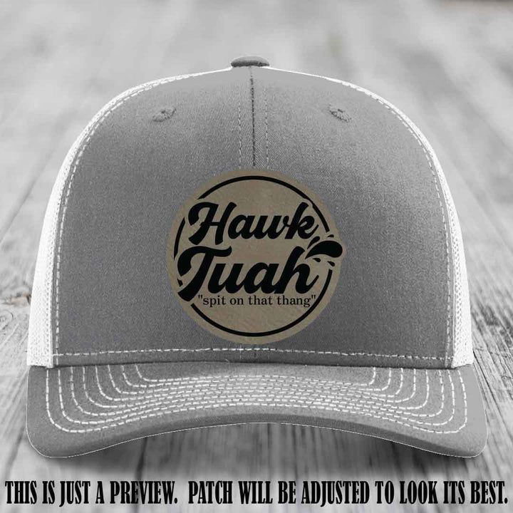 Hawk Tuah 'Light Brown to Black' patch on Heather Grey to White Hat Richardson 112 hat