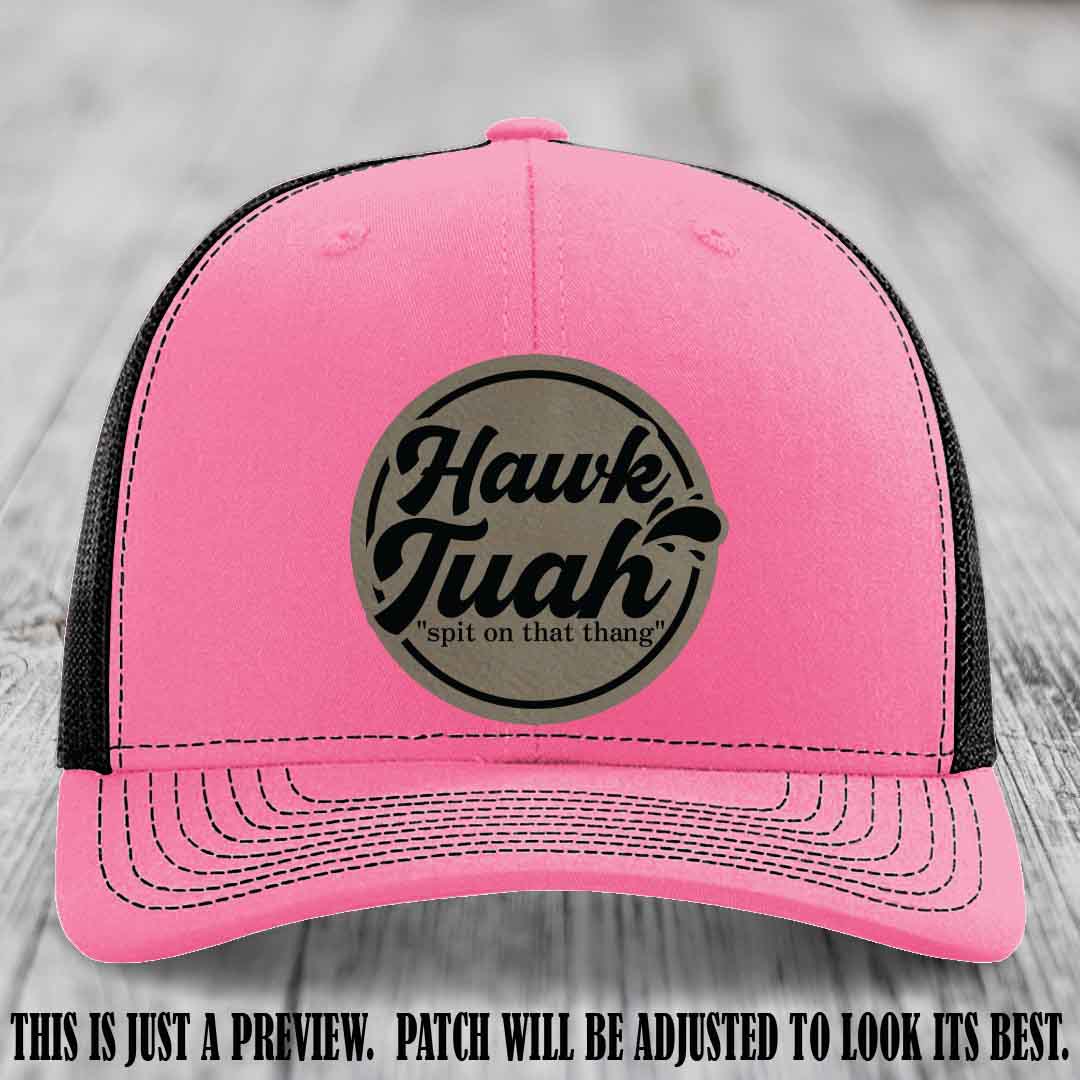 Hawk Tuah 'Light Brown to Black' patch on Hot Pink to Black Hat Richardson 112 hat