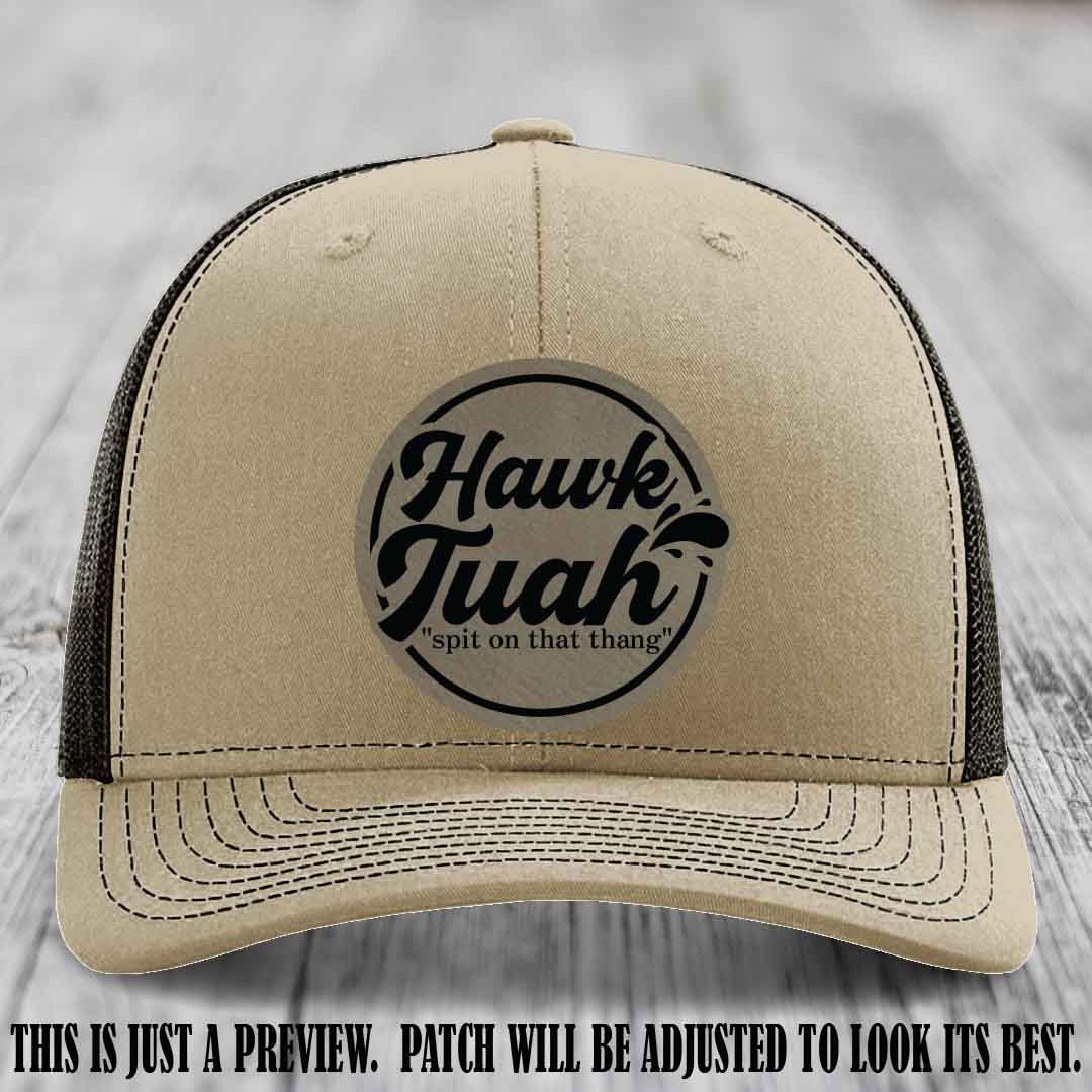 Hawk Tuah 'Light Brown to Black' patch on Khaki to Coffee Hat Richardson 112 hat