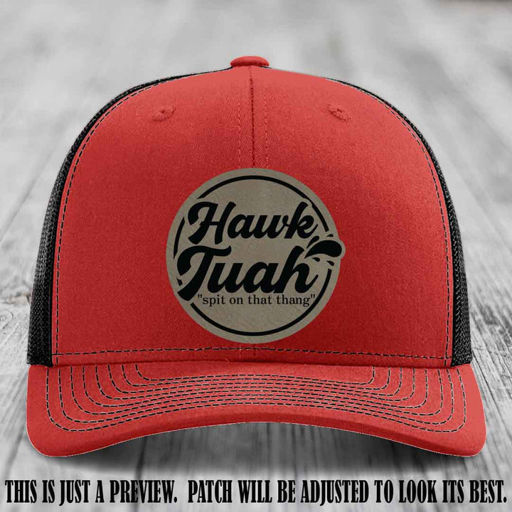 Hawk Tuah 'Light Brown to Black' patch on Red to Black Hat Richardson 112 hat
