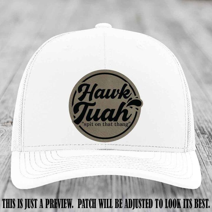 Hawk Tuah 'Light Brown to Black' patch on White Hat Richardson 112 hat