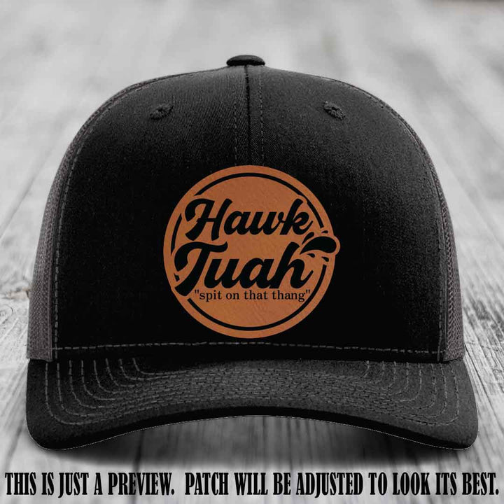 Hawk Tuah 'Rawhide to Black' patch on Black to Charcoal Hat Richardson 112 hat