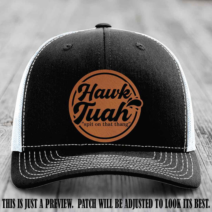 Hawk Tuah 'Rawhide to Black' patch on Black to White Hat Richardson 112 hat