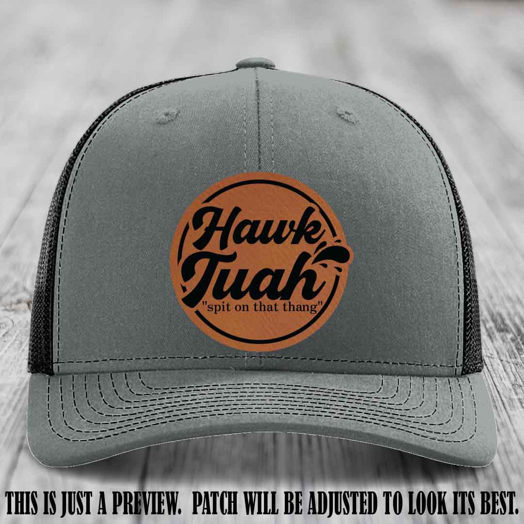 Hawk Tuah 'Rawhide to Black' patch on Heather Grey to Black Hat Richardson 112 hat