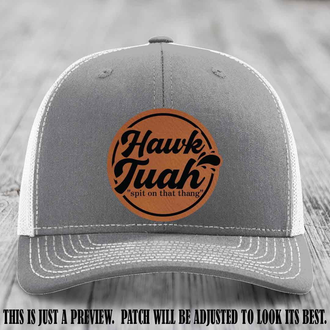 Hawk Tuah 'Rawhide to Black' patch on Heather Grey to White Hat Richardson 112 hat