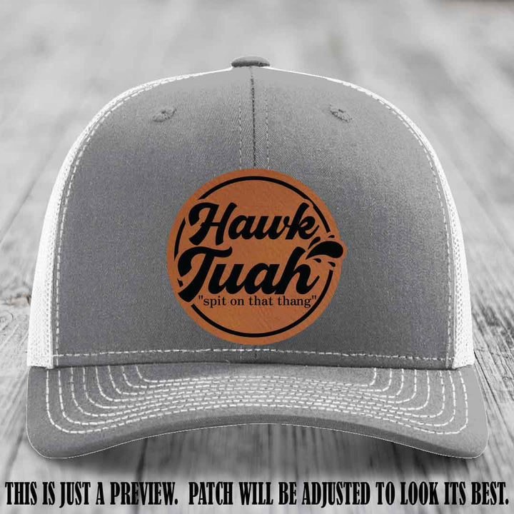 Hawk Tuah 'Rawhide to Black' patch on Heather Grey to White Hat Richardson 112 hat