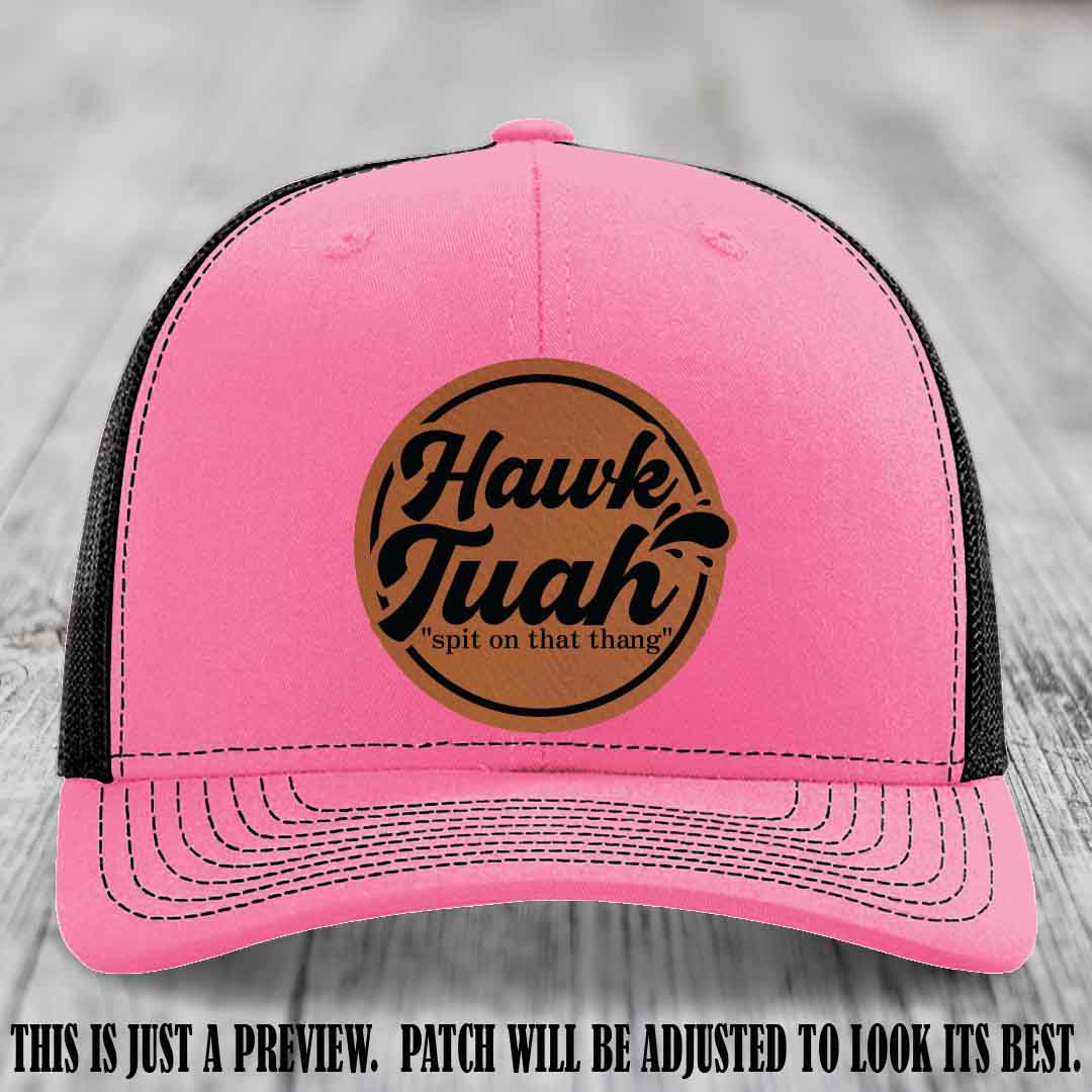 Hawk Tuah 'Rawhide to Black' patch on Hot Pink to Black Hat Richardson 112 hat