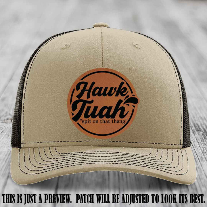 Hawk Tuah 'Rawhide to Black' patch on Khaki to Coffee Hat Richardson 112 hat