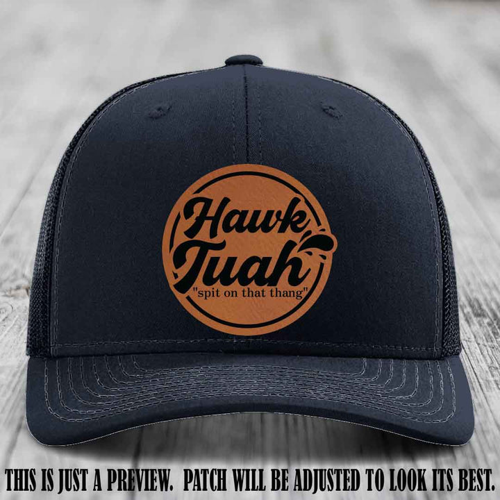 Hawk Tuah 'Rawhide to Black' patch on Navy Hat Richardson 112 hat
