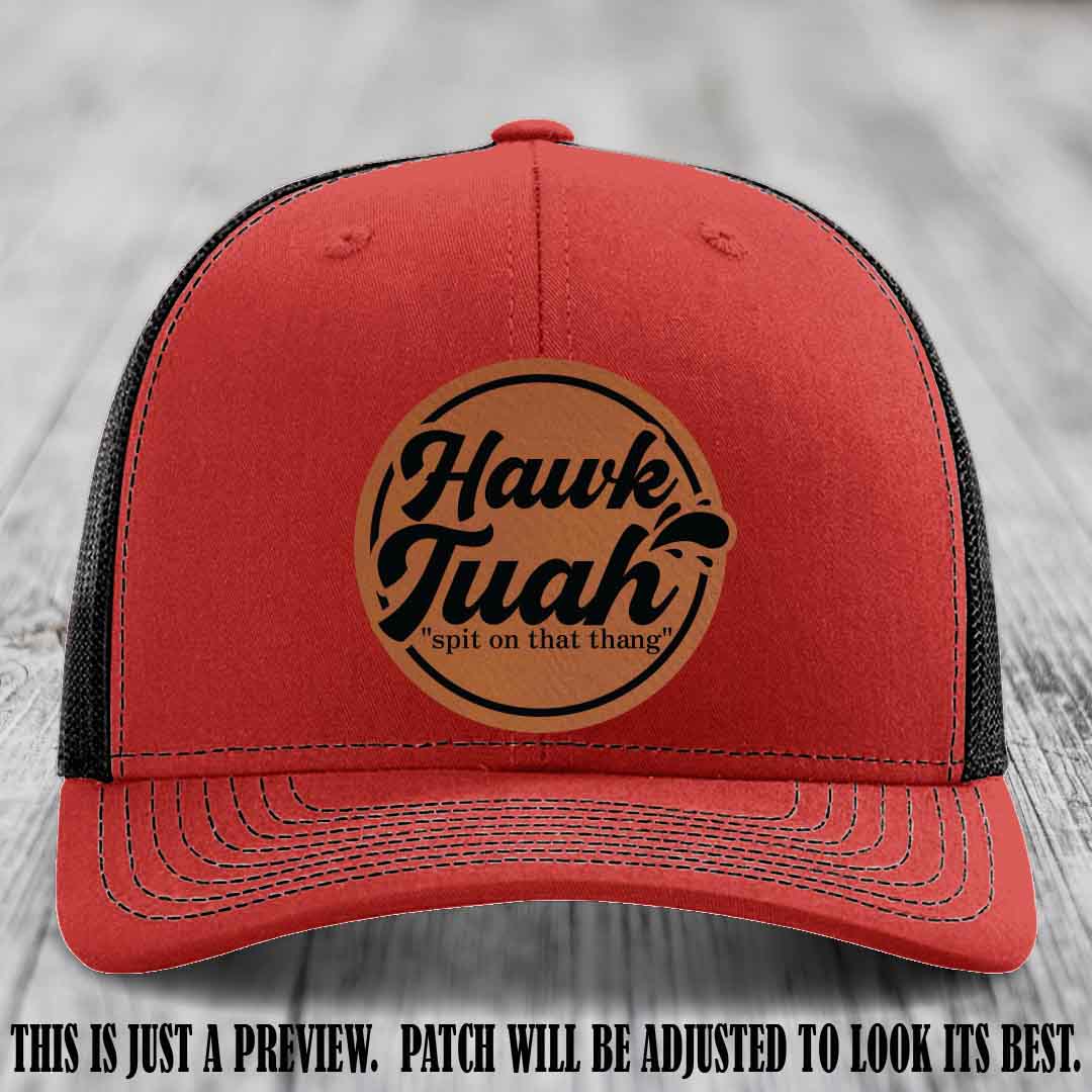 Hawk Tuah 'Rawhide to Black' patch on Red to Black Hat Richardson 112 hat