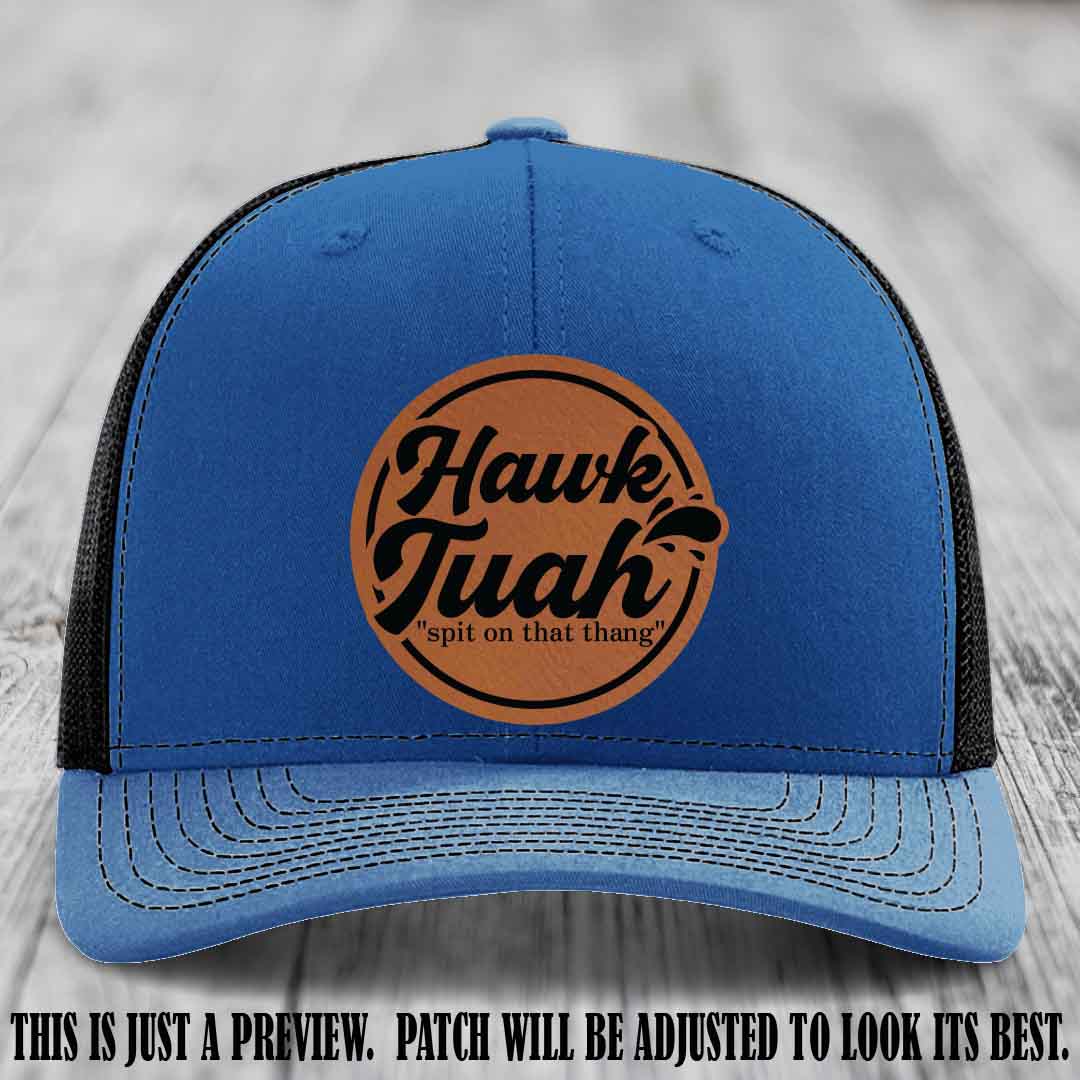 Hawk Tuah 'Rawhide to Black' patch on Royal to Black Hat Richardson 112 hat