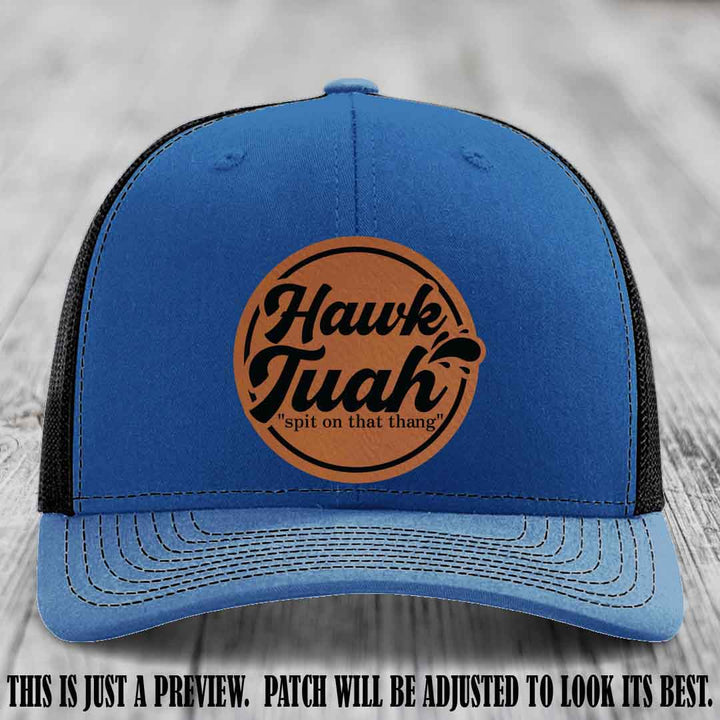 Hawk Tuah 'Rawhide to Black' patch on Royal to Black Hat Richardson 112 hat