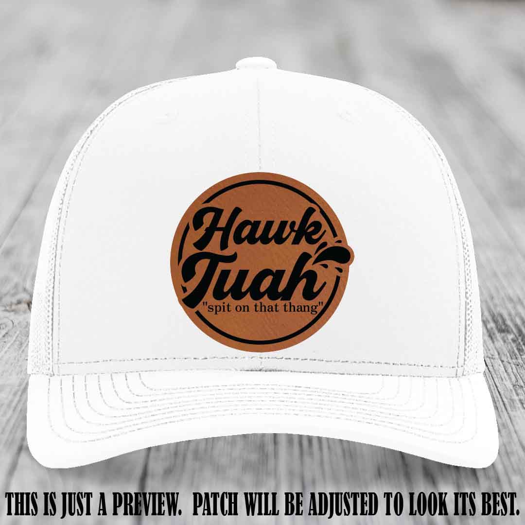 Hawk Tuah 'Rawhide to Black' patch on White Hat Richardson 112 hat