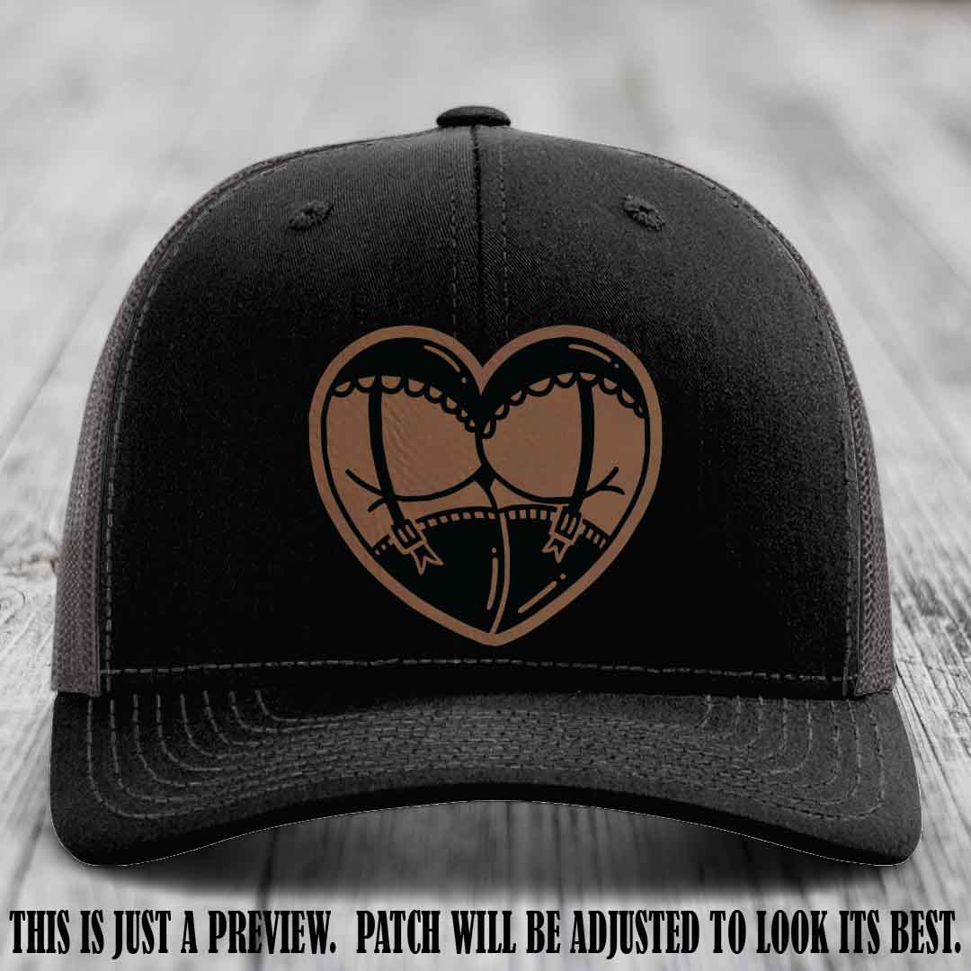 Cheeky Heart 🍑❤️ leather patch hat with Dark Brown to Black Patch on Black to Charcoal Hat - custom Richardson 112 hat