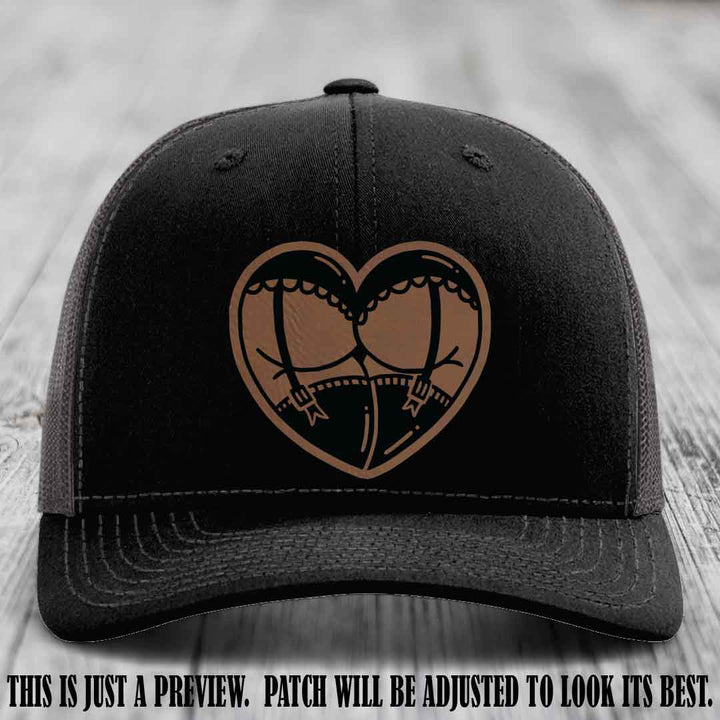 Cheeky Heart 🍑❤️ leather patch hat with Dark Brown to Black Patch on Black to Charcoal Hat - custom Richardson 112 hat
