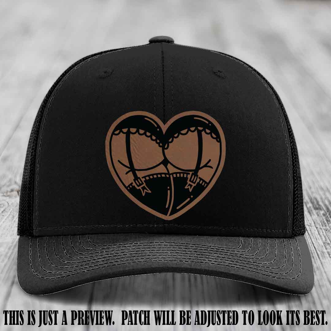Cheeky Heart 🍑❤️ leather patch hat with Dark Brown to Black Patch on Black Hat - custom Richardson 112 hat