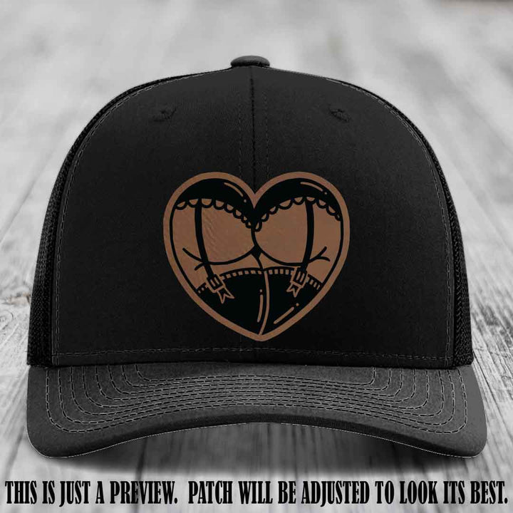 Cheeky Heart 🍑❤️ leather patch hat with Dark Brown to Black Patch on Black Hat - custom Richardson 112 hat